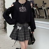 Yipinpay Kawaii Gothic Lolita Plaid Skirt Women Goth Bow Black High Waist A-line Mini Skirts Japanese Style Harajuku Soft Girl