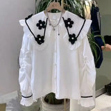 Yipinpay Beaded 3D Flower White Shirt Long Sleeve doll Shirt Top Casual Black Blouse Chemise Femme 2023 Fall Camisas Blusas Mujer