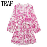 Yipinpay Pink Floral Dress Woman Print Short Dresses For Women Tie Belt Mini Chic And Elegant Woman Dress Long Sleeve Summer Dresses