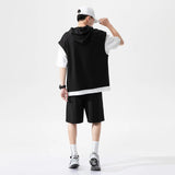 Yipinpay Men's Large Size Sports Suit Breathable Casual Wear Wild High Street Chic Fake Two-piece Casual T-shirt + Simple Shorts