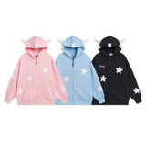 Yipinpay China-Chic Cute Cat's Ears Sweet Cool Star Wings New Zipper Cardigan Loose Hooded Sweatshirt Women Couple Coat Fashion