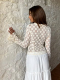 Yipinpay Women Y2K Vintage Retro Lace Floral Tops Ruffled Flare Long Sleeve Tie Front Sheer Slim Crop Cardigan Clubwear TShirt