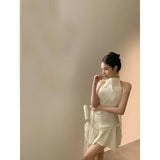 Yipinpay Elegant Dresses Women Sleeveless Halter Ribbon Bandage Flowers French Style Chic Ladies Sexy Mini Dress Female Backless