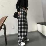 Yipinpay Women Sweatpants Fashion Black Plaid Casual Pants Baggy Elastic Waist Pockets Student Unisex Hip Hop Loose Trousers