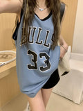 Yipinpay New Sweet Spicy Sleeveless T-shirt Women Outer Wear Blue Loose Letters Sports Tank Top Basketball Vest Women Clothing