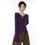 yipinpay Women Purple Cardigan Sweater Short Outerwear Round Neck Fashion Vintage Leisure Lazy Winter Knitting Single Breasting Coat