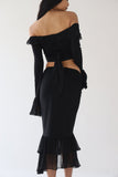 Yipinpay Womens Summer Skirt 2Pcs Suit Solid Color Long Sleeved Ruffled V-Neck Cropped Tops + Low Waist Fish Tail Slit Long Skirt 0407