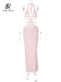 Yipinpay Spaghetti Strap Knitted Beach Long Dress Summer Vintage Hollow Out Sheath Sundress 2024 Elastic Backless Sexy Dress