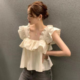 Yipinpay & Camis White Doll Blouse Femme Summer Shirts for Women Ruffled Loose Flying Sleeve Shirt Female Blusas Mujer Top Y2k