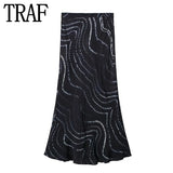 Yipinpay Tie Dye Print Long Skirts For Women Fashion 2023 High Waist Midi Skirt Woman Chic And Elegant Woman Skirt Summer Skirts