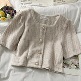 Yipinpay Round Short Sleeve Tweed Top Women Single-breasted Cardigan Jacket Pink Plaid Shirts Crop Button Blusas Mujer Camisas