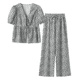 Yipinpay Flower Printed 2 Pieces Long Pant Sets For Women Elegant Short Sleeve Lace Up Shirt Wide Leg Trouser Summer Lady Outfits