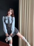 Yipinpay Cool Hot Girls College Style Suit Women's Autumn Slim Shirt High Waist Pleated Skirt Strap Vest Fashion Three-piece Set