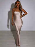 Yipinpay Mo Satin Backless Maxi Dress For Women Gown Fashion Strapless Sleeveless Bodycon Night Club Party Summer Vestido