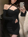 Yipinpay Sexy Dresses Women Slash Neck Off Shoulder Slim French Style Chic Flare Long Sleeve Mini Dress Party Female Backless