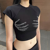 yipinpay T-Shirt Rhinestone Tops Women Cotton T-Shirt O Neck Crop Top Summer Tees Basic Casual Punk Grunge Streetwear Black Top