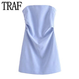 Yipinpay Blue Mini Dress Woman Off Shoulder Short Dresses For Women Pleated Strapless Sexy Corset Dress 2023 Evening Party Dresses