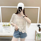 Yipinpay Fashion New Round Neck Five-point Sleeve Pullover Handmade Sweater Korean Version Knitted Hollow Solid Color Top Female