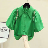 Yipinpay Rhinestone Blouse Fungus Lantern Short Sleeve Cotton Crop Tops Camisa Feminina Blusas Spring Women Shirts Casual Retro