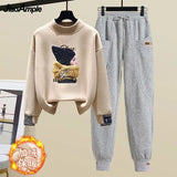 Yipinpay Women's Fashion Plush Sweater Tracksuits 2 Piece Set 2024 Winter Warm Loose Fake Two-piece Pullover Top + Pants Sportswear Suit