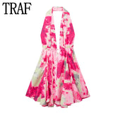 Yipinpay Print Halter Mini Dress Woman Sexy Backless Dress Women Summer Off Shoulder Short Dresses For Women Beach Party Dresses
