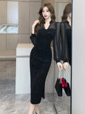 Yipinpay Sexy Dresses Women Mesh Patchwork Lantern Long Sleeve Sequins Slim French Style Chic Autumn Fashion Ladies Party
