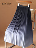Yipinpay Women Y2K Gradient Midi Skirt Casual Luxury Elegant Korean High Waisted Pleated Skirts Girls Chic Long A-line Faldas