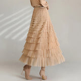 Yipinpay Solid Color Cake Long Skirt Mesh Puffy Women Sexy Korean Floor Length Party Skirts Loose Elastic Female Ball Gown Summer