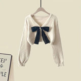 Yipinpay Women's Spring Autumn New Knitted Sweaters Two Piece 2024 Korean Elegant Bow Cardigan Strap Skirt Matching Set Female Clothing