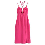 Yipinpay Summer Women Fashion Backless Halter Sling Dresses Front Slit V Neck Female Midi Party Sexy Dress