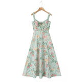 Yipinpay 2024 Women French Style Floral Print A-line Midi Sling Dress Sexy Sleeveless Front Slit Female Holiday Party Summer Dress