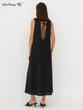 Yipinpay Summer Cotton Linen Tank Dresses Women Lace-Up Backless Long Casual Dress Round Neck 2023 Sleeveless Office Ladies