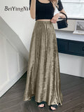 yipinpay Vintage Metallic Maxi Skirts Women Street Casual High Waist Long A-line Skirt Chic Korean Black SGothic Faldashiny