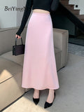 Yipinpay Elegant Satin A-line Skirts for Ladies Spring Summer Slim High Waist Skirt Women Luxury Korean Chic Casual OL Faldas