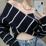 Yipinpay Cross V Neck Off The Shoulder Black White Striped Knitted Sweaters Women Sexy One Slim Irregular Crop Top 2023 Grey