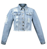 Yipinpay New Fashion Ripped Short Denim Jacket For Women Long Sleeve Casual Raw Edge Slim Jeans Coat Street Hipster Female Clothing