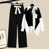 Yipinpay Women's Fashion Set 2024 Spring Autumn New Splicing Shirt+Elastic Waist Wide Leg Pants Two Piece Korean Chic Blouse Trouser Suit