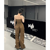 yipinpay Women Brown Casual Pants Vest Sleeveless Vintage Fashion Straight American Wide Leg Pants Female 2023 Summer Solid Trouser