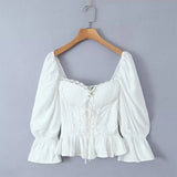 Yipinpay Y2K Women High Quality Lace Trim White Blouse Front Lacing Up Puff Sleeve Sexy Elegant Sweet Crop Top