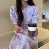 Yipinpay O Neck Puff Short Sleeve Purple Plaid Dress Women Maxi Fashion Korean White Tweed Dress Robe Vestidos Long 2023 Fall