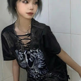 Yipinpay Subcultural Retro Lace up V-Neck Loose Print T-shirt Y2K Top Summer Short Sleeve Tshirts Women Harajuku Clothing Female