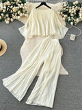 Yipinpay Senior Pleated Suits Long Flare Sleeves Ruched Top+High Waist Wide Legs Pants Female 2024 Autumn Solid Streetwear Sets