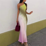 Yipinpay Tie Dye Long Dress Women Asymmertic Satin Backless Dress Woman Off Shoulder Sexy Evening Party Dresses Midi Summer Dresses