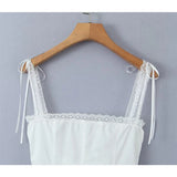 Yipinpay Sweet Lace Trim White Slim Camis Sexy Women Cotton Tank Top Summer Bow Front Button Crop Top