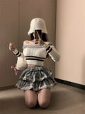 Yipinpay Sexy Hot Girl Suit Women's Autumn Hair Off Shoulde Twists Knittied Pullover High Waist Mini Skirt Fashion Two-piece Set