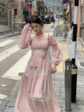 Yipinpay Summer Woman French Elegant Lace Midi Dress Party Long Sleeve Korean Fashion Dress Beach Chiffon Fairy Slim Dress Chic