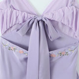 Yipinpay 2024 Women Floral Embroidery Purple Sling Mini Dress Sexy Backless V Neck Female Summer Dress Holiday Robe LDZZ7038
