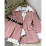 Yipinpay Suits Fake Two Blazers Pink Shirts 2 Piece Sets Womens Outifits Wide Leg Short Pants Fashion Jacket Chic Black Shorts Sets