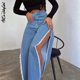 yipinpay Baggy Jeans Wide Leg Pants Side Split Out Denim Pants Women Streetwear 2000s Aesthetic Summer Straight High Waisted Trousers