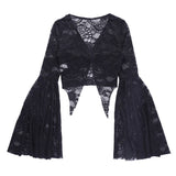 Yipinpay Goth Lace See Through Mall Gothic Women T-shirts Emo Sexy Grunge Aesthetic Flare Sleeve Crop Tops Y2k Black V-neck Alt Tees